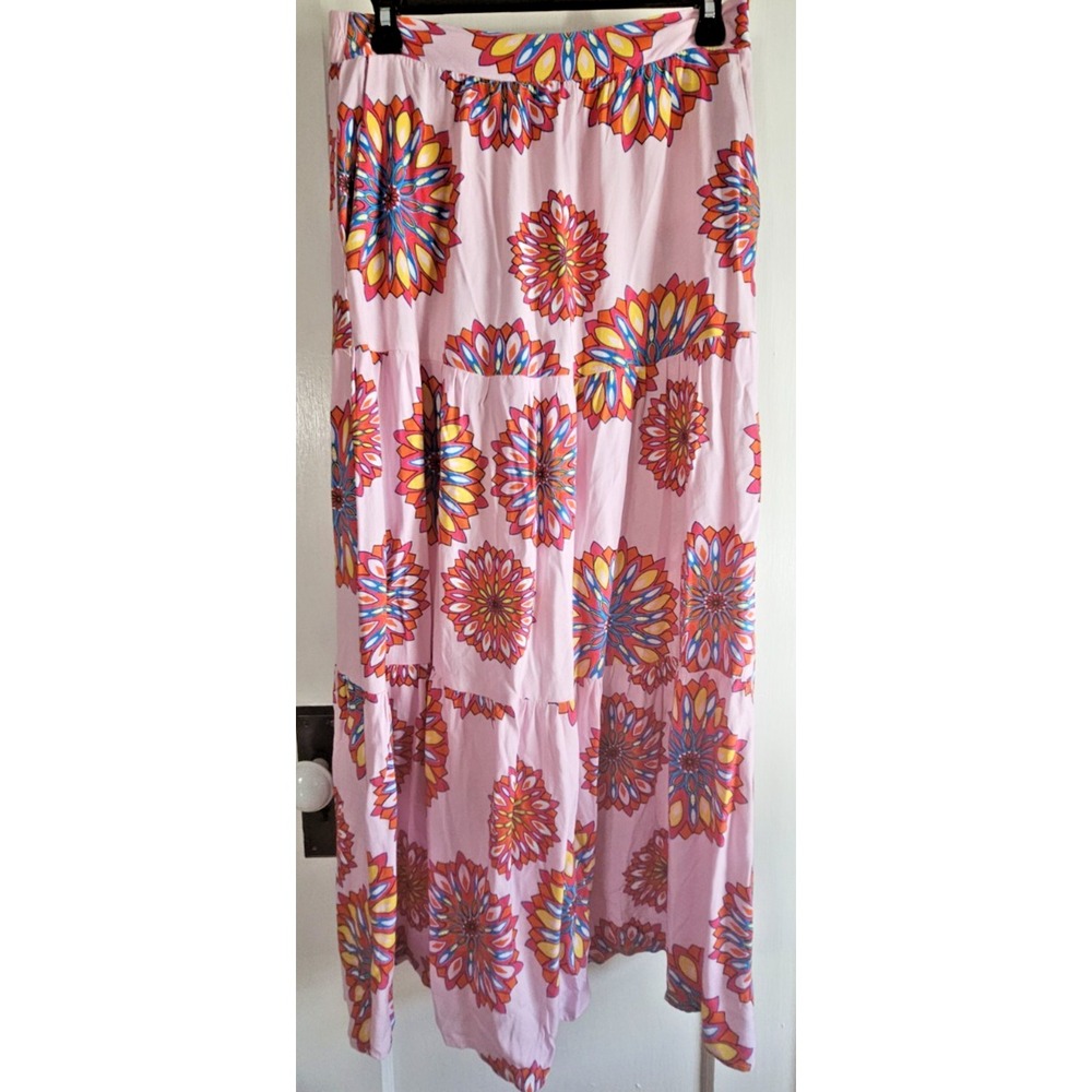 gibsonlook Sz XS pink maxi tiered skirt Elastic‎ waist large floral print Rayon